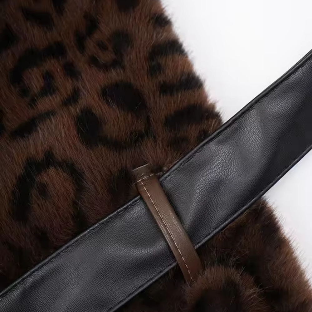 Brown Leopard Print Big Size Long Faux Fur Jacket For Women Lapel Long Sleeve - Picture 3 of 10
